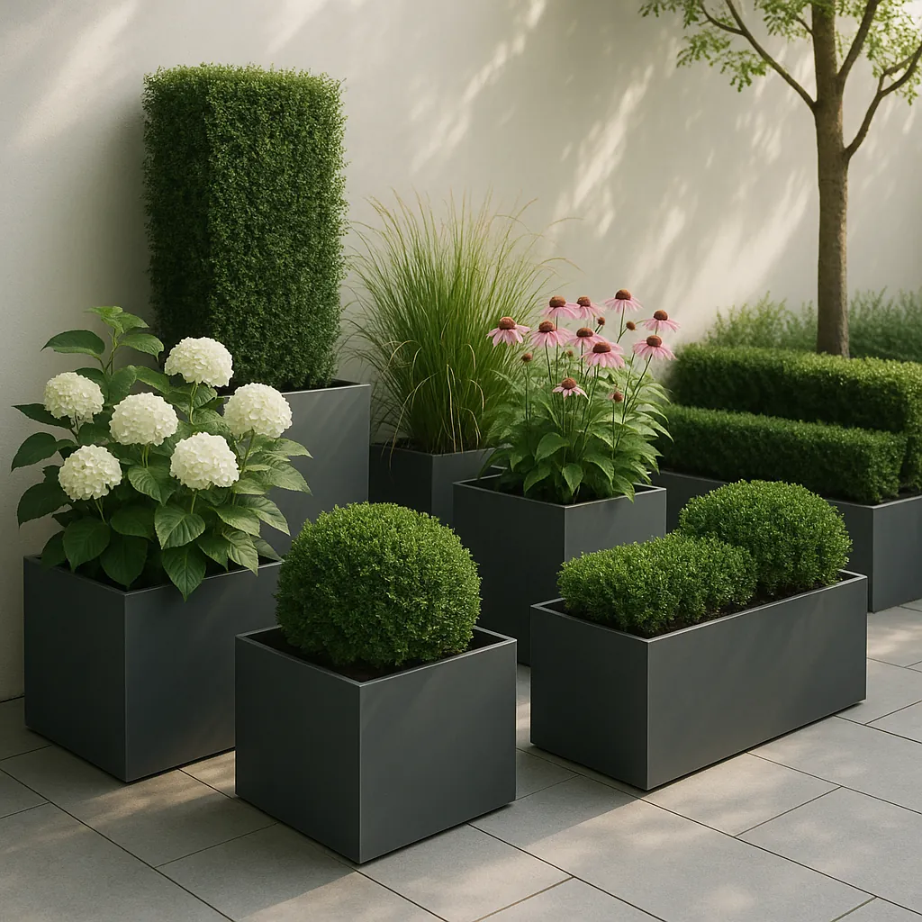 Discover a puzzle with a serene modern patio scene of neatly arranged charcoal planters filled with lush green topiary, soft white hydrangeas, pink coneflowers,