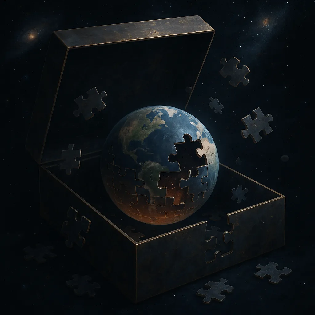 Discover a puzzle with a surreal, cosmic scene: a globe made of interlocking jigsaw pieces sits inside an open, weathered box and drifts in a star-speckled spac