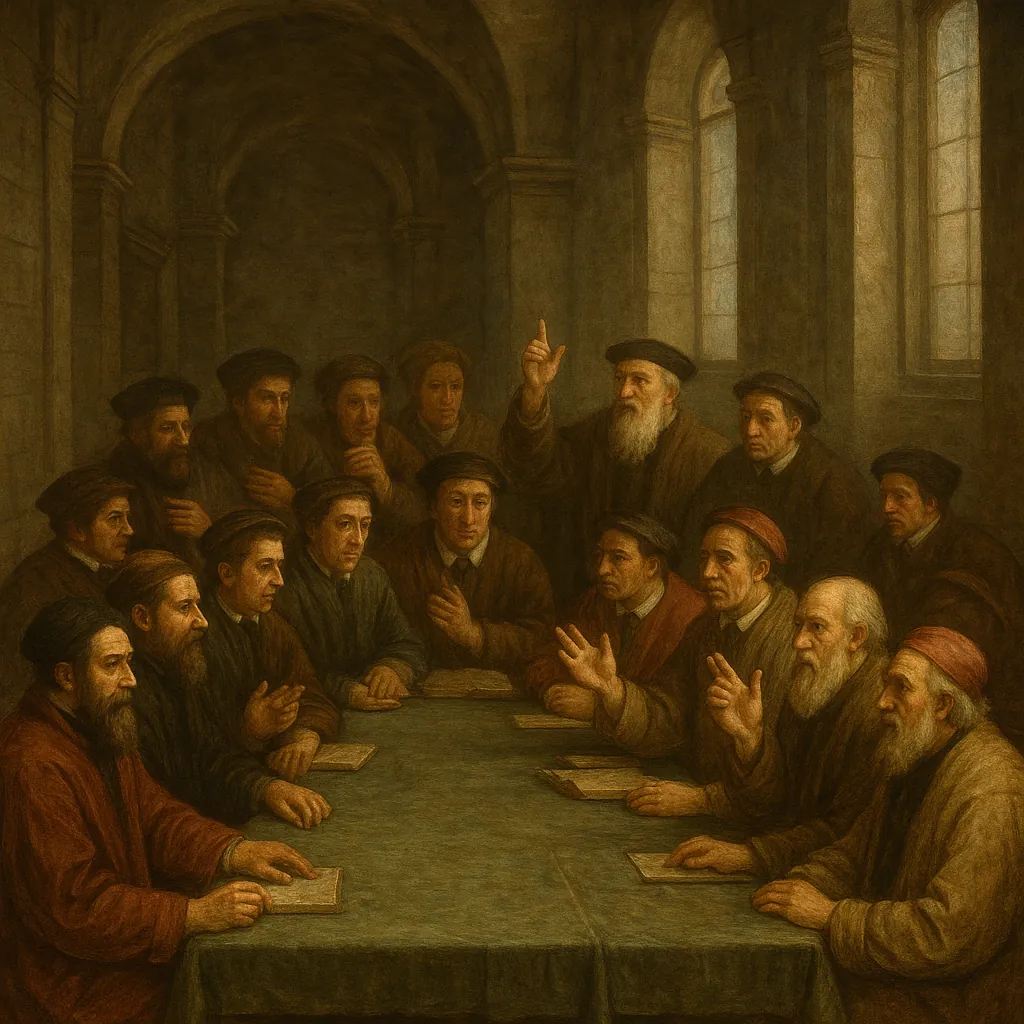 Discover a puzzle with a timeless interior scene of scholars gathered around a long table, bathed in warm ochres and soft amber light streaming through tall win