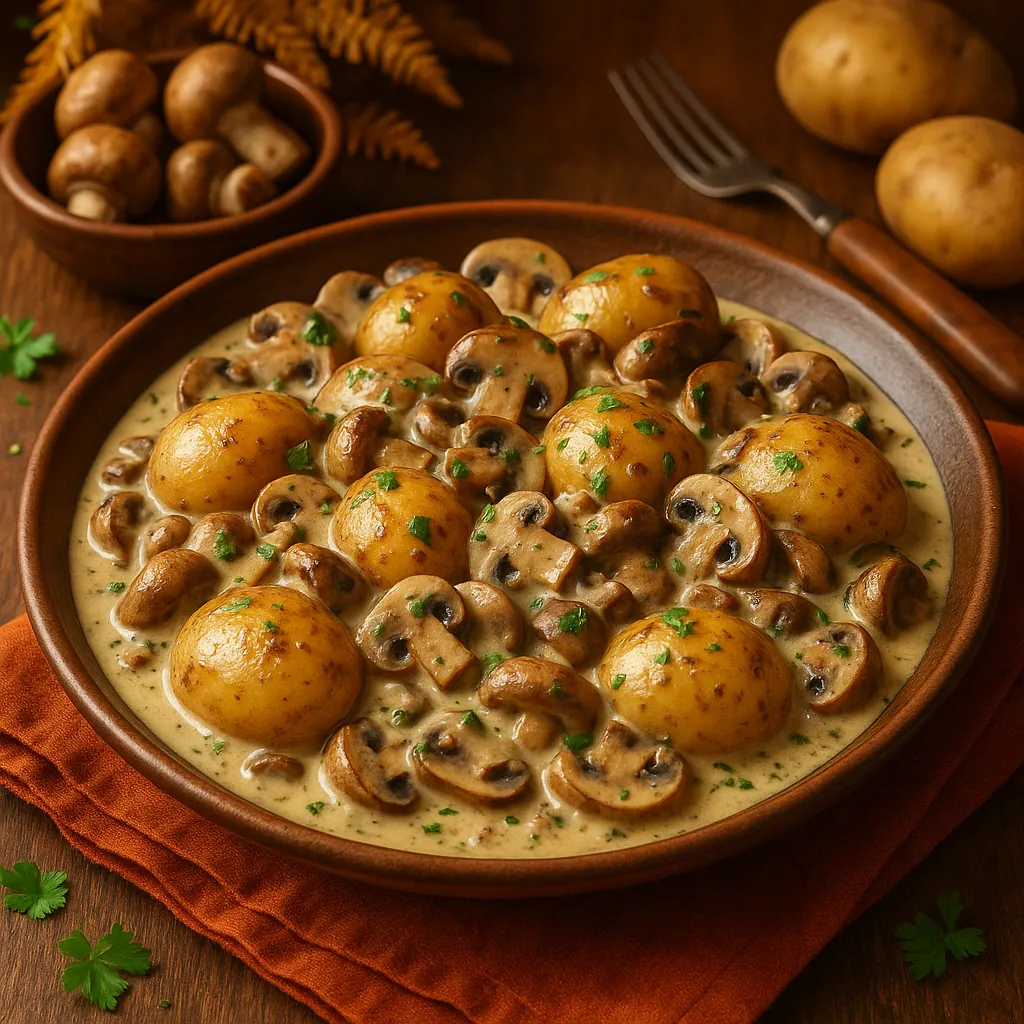 Enjoy assembling a puzzle depicting a rustic bowl of creamy mushroom and baby potato stew, with golden potatoes and earthy brown mushrooms nestled in a velvety,