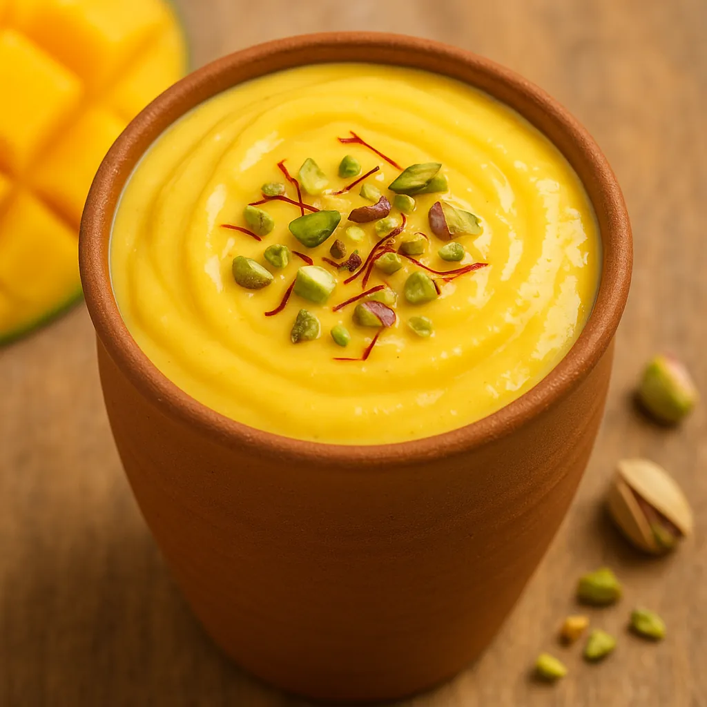 Discover a puzzle with a close-up of a silky mango dessert served in a rustic earthenware cup, topped with chopped pistachios and delicate saffron threads.