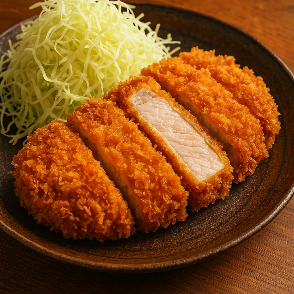 Discover a puzzle with a close-up of a golden, crispy breaded cutlet sliced into even pieces beside a mound of pale shredded cabbage on a rustic brown plate.