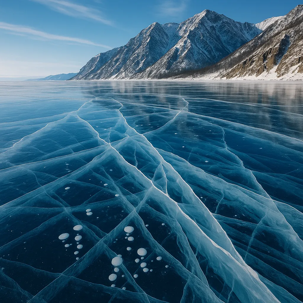 Discover a puzzle on PuzzleFree.Game that shows a vast, glassy frozen lake crisscrossed with translucent ice fissures and air bubbles, stretching toward snow-du