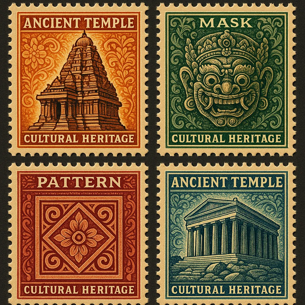 Discover a puzzle with four vintage-style cultural heritage stamps arranged in a neat grid — warm orange shows an ornate ancient temple, deep green features a c