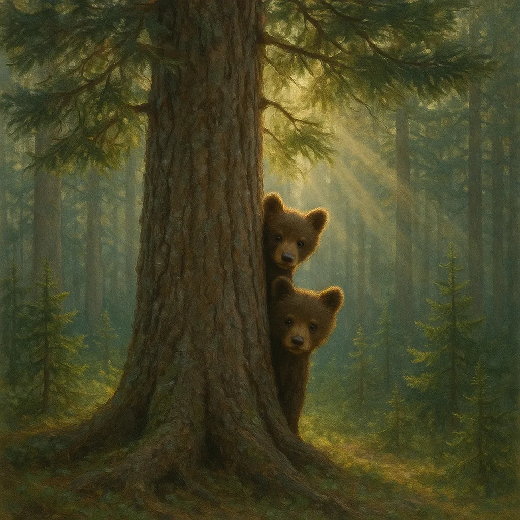 Discover a puzzle with two curious bear cubs peeking from behind a towering pine in a sun-dappled forest on PuzzleFree.Game.