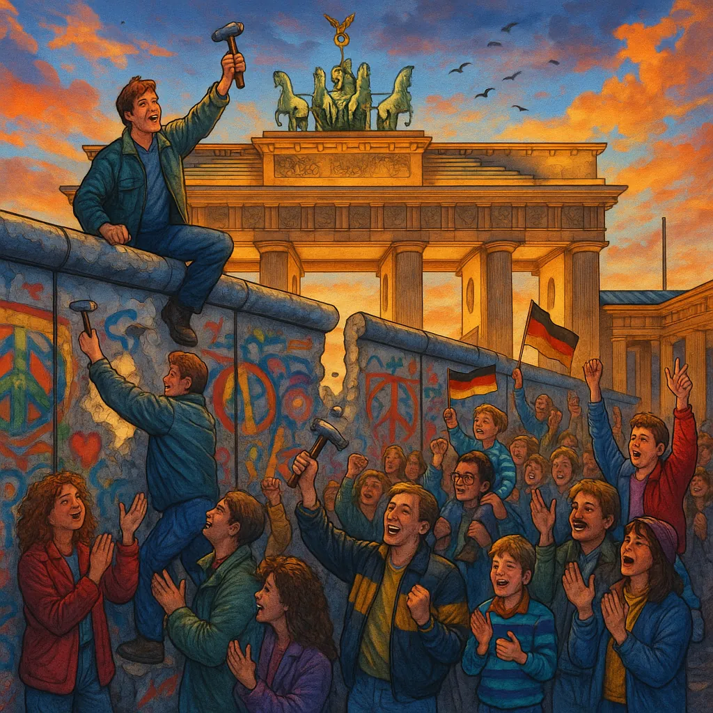 Enjoy assembling a puzzle depicting a jubilant crowd chipping away at a painted wall beneath a golden sunset, with the grand silhouette of a classical gate risi