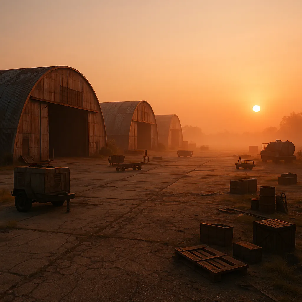 Discover a puzzle with a quiet, misty airfield at sunrise featuring three curved hangars bathed in warm orange and amber light.