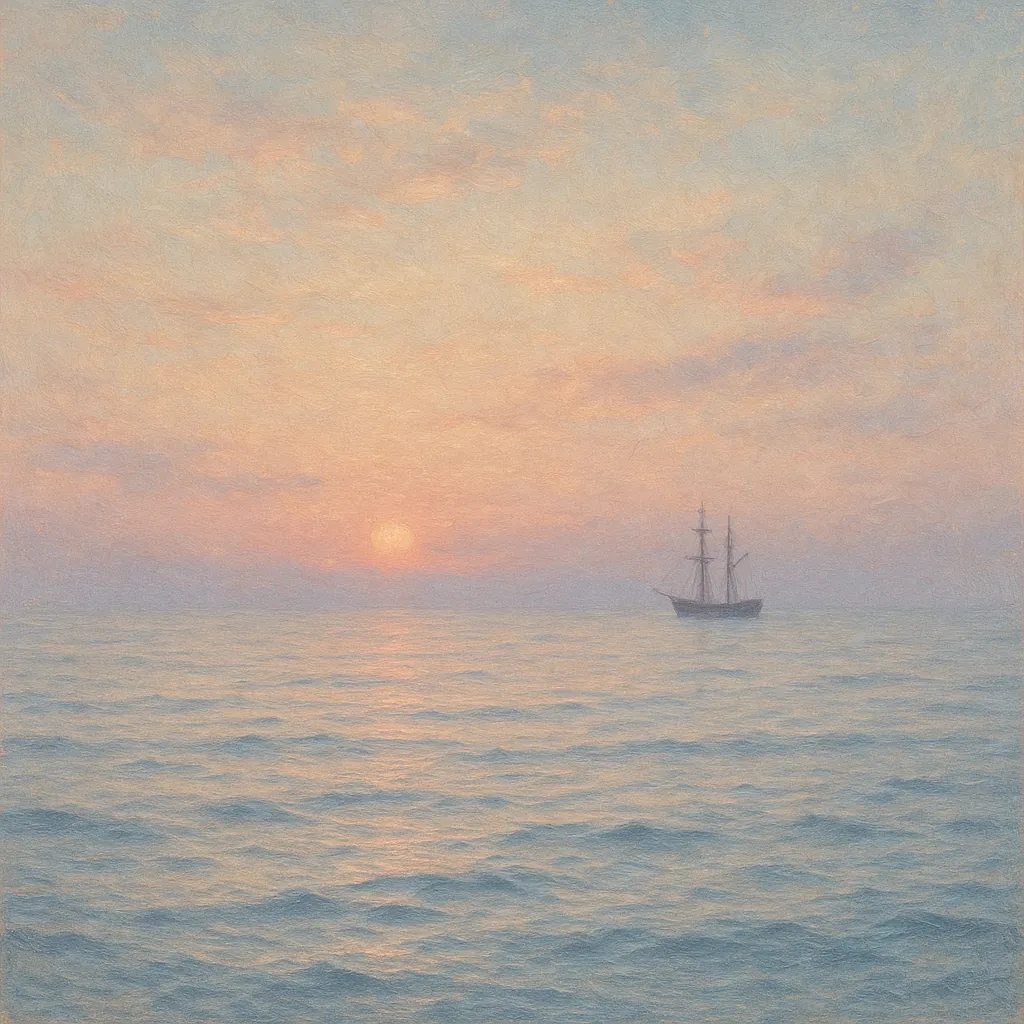 Discover a puzzle with a tranquil seascape at sunrise, where a lone sailing ship drifts on calm, gently rippling waters beneath a sky washed in soft peaches, pi