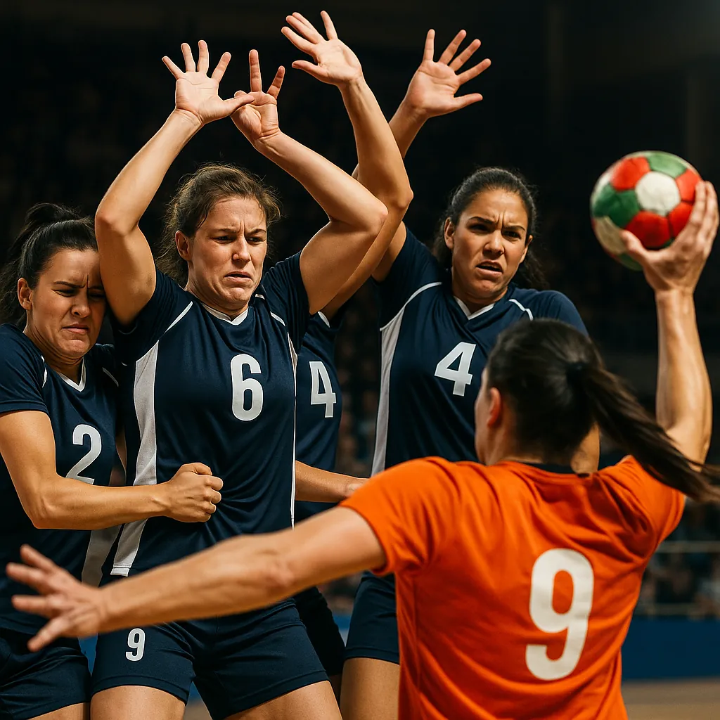 Enjoy assembling a puzzle depicting an intense indoor handball moment: players in navy-blue jerseys numbered 2, 6, and 4 leap and block with determined faces as