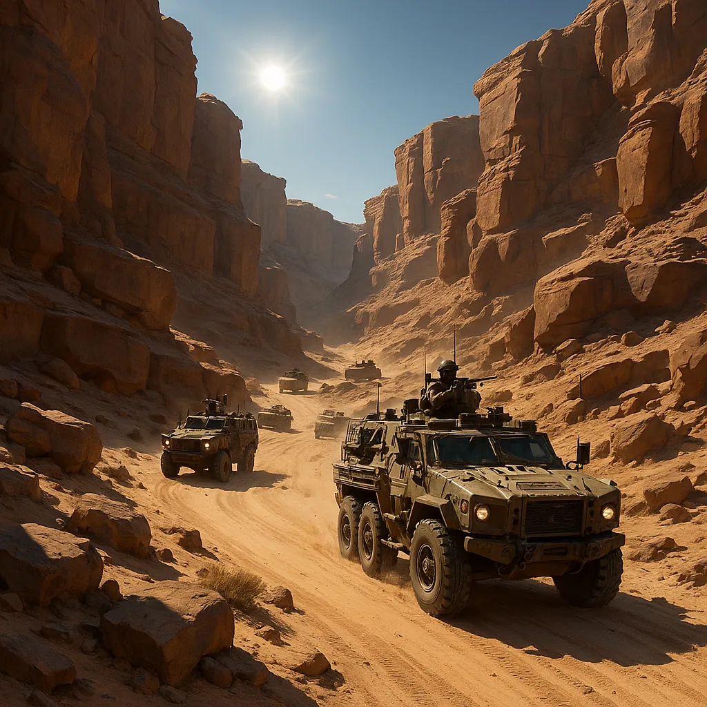 Discover a puzzle with a rugged desert canyon scene where a convoy of armored vehicles winds along a sandy track beneath towering ochre cliffs.