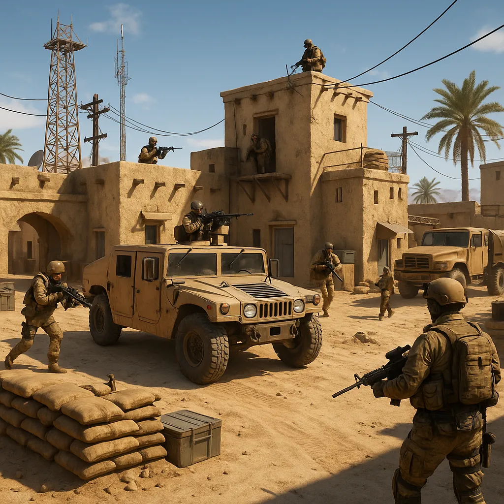 Discover a puzzle with a sun-baked desert village scene where a team of soldiers and rugged military vehicles move through sandy streets.