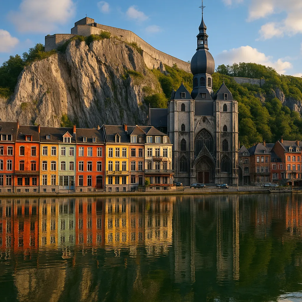 Discover a puzzle with a sunlit European riverside scene featuring a row of colorful townhouses mirrored in calm water, a striking Gothic church with a tall dar