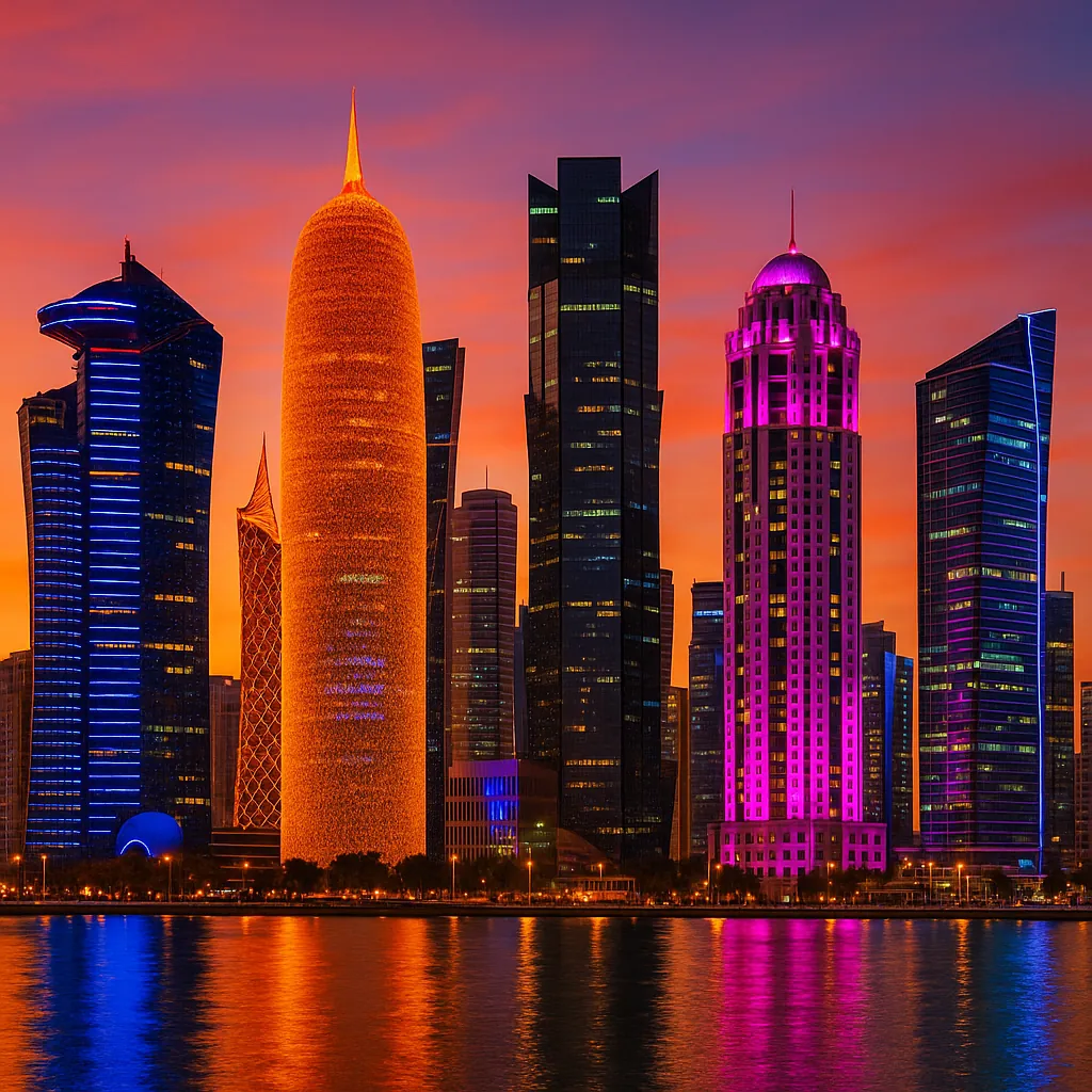 Discover a puzzle with a glowing modern skyline at sunset, where sleek skyscrapers in gold, magenta, electric blue, and deep indigo rise against a warm orange-p