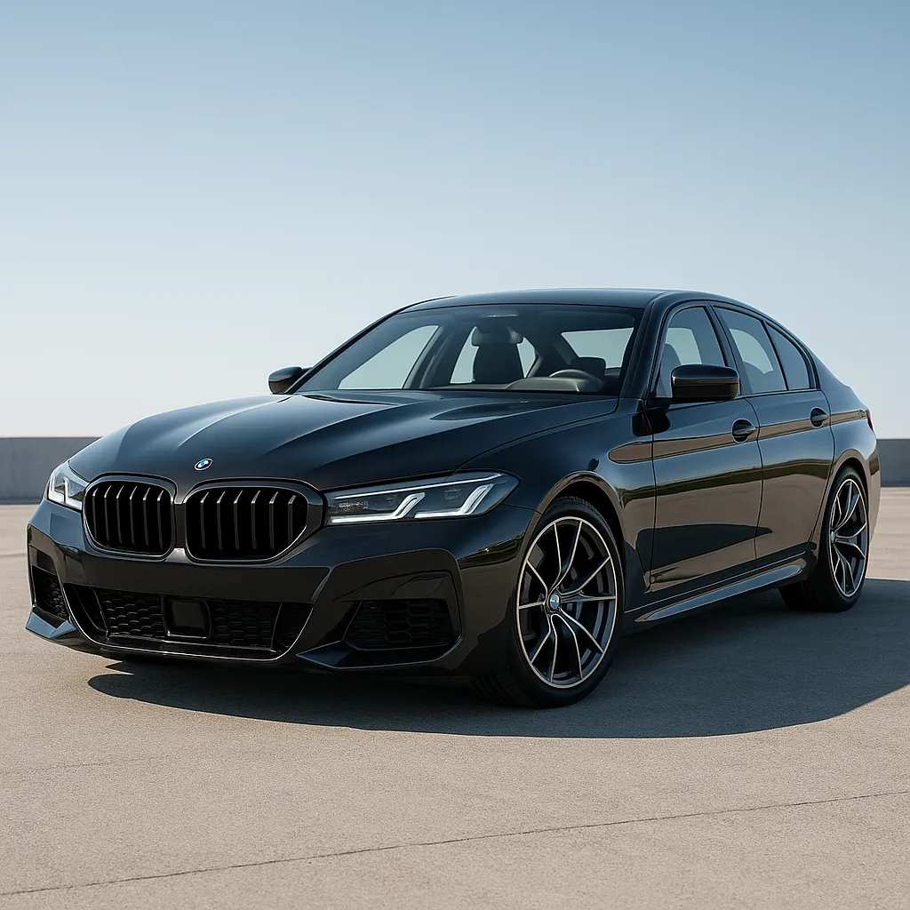 Discover a puzzle with a sleek black luxury sedan parked on a sunlit rooftop against a clear blue sky — glossy reflections, sharp chrome accents, and smooth cur