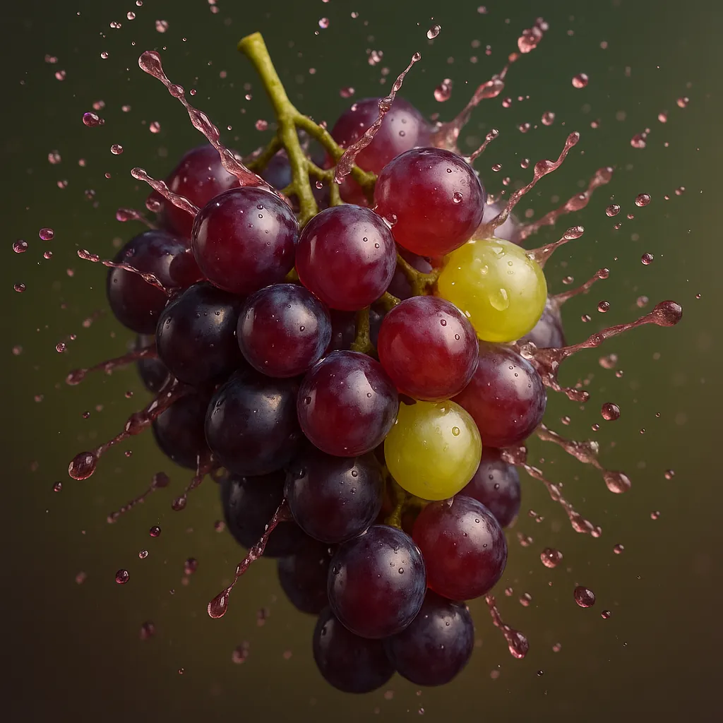 Discover a puzzle with a close-up cluster of glossy grapes caught in a joyful splash — deep plum and ruby berries surround two bright yellow-green grapes, sendi