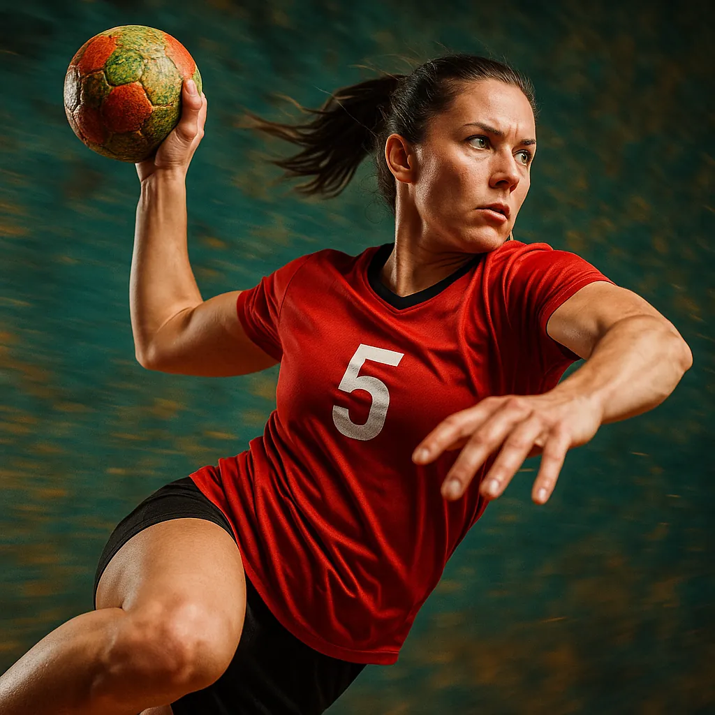 Discover a puzzle with a dynamic sports scene: a focused athlete in a red jersey marked with the number 5 lunges forward, ball raised for a powerful throw.