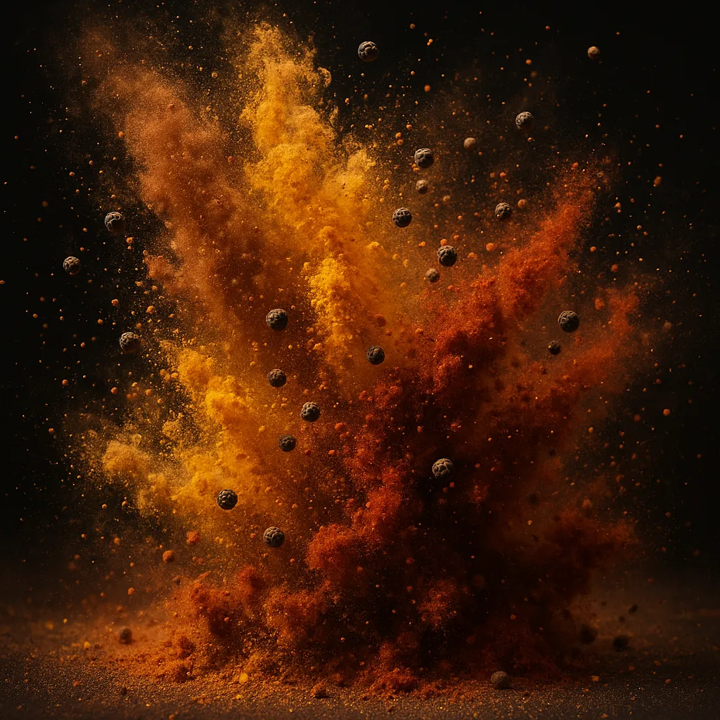 Discover a puzzle with a dramatic burst of warm color: swirling clouds of saffron, amber, and rust-red dust erupt against a deep, shadowy background.