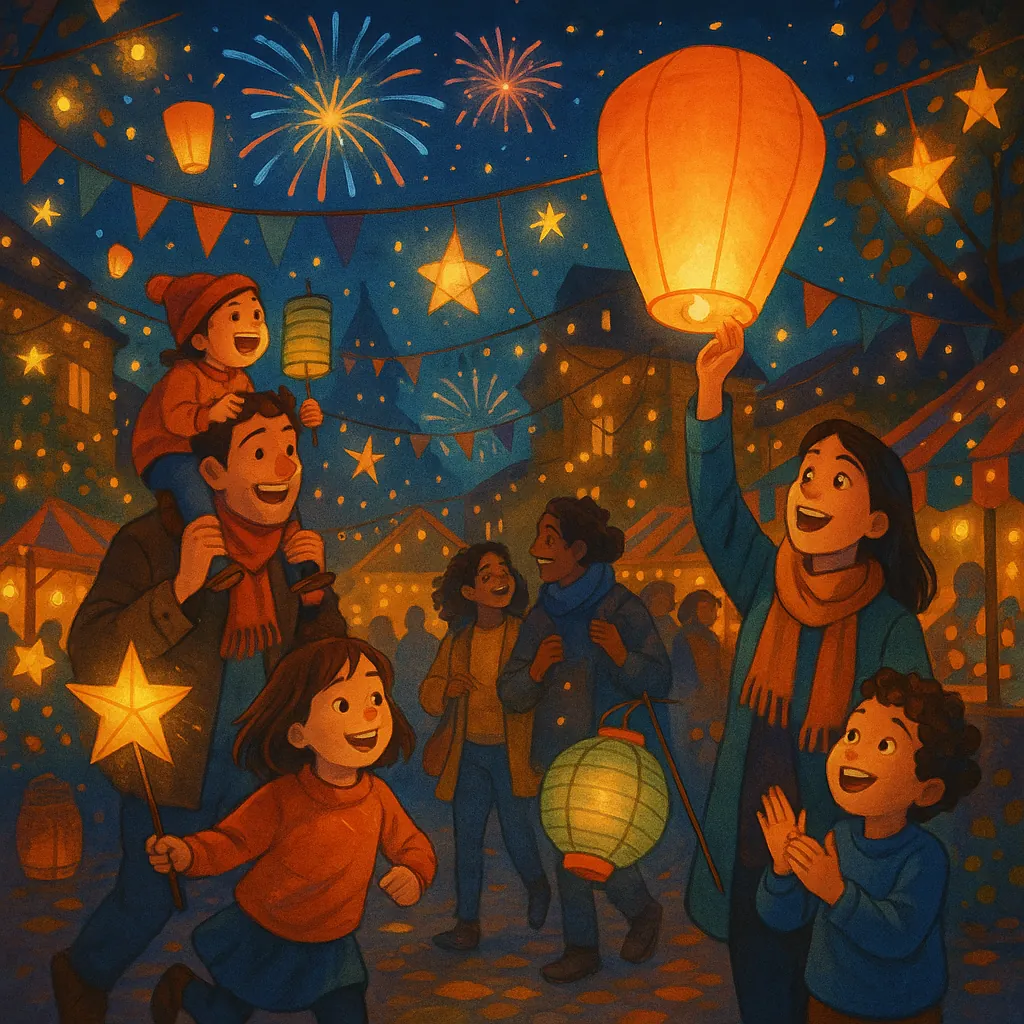 This image depicts a vibrant festival scene at night, perfect for a jigsaw puzzle.