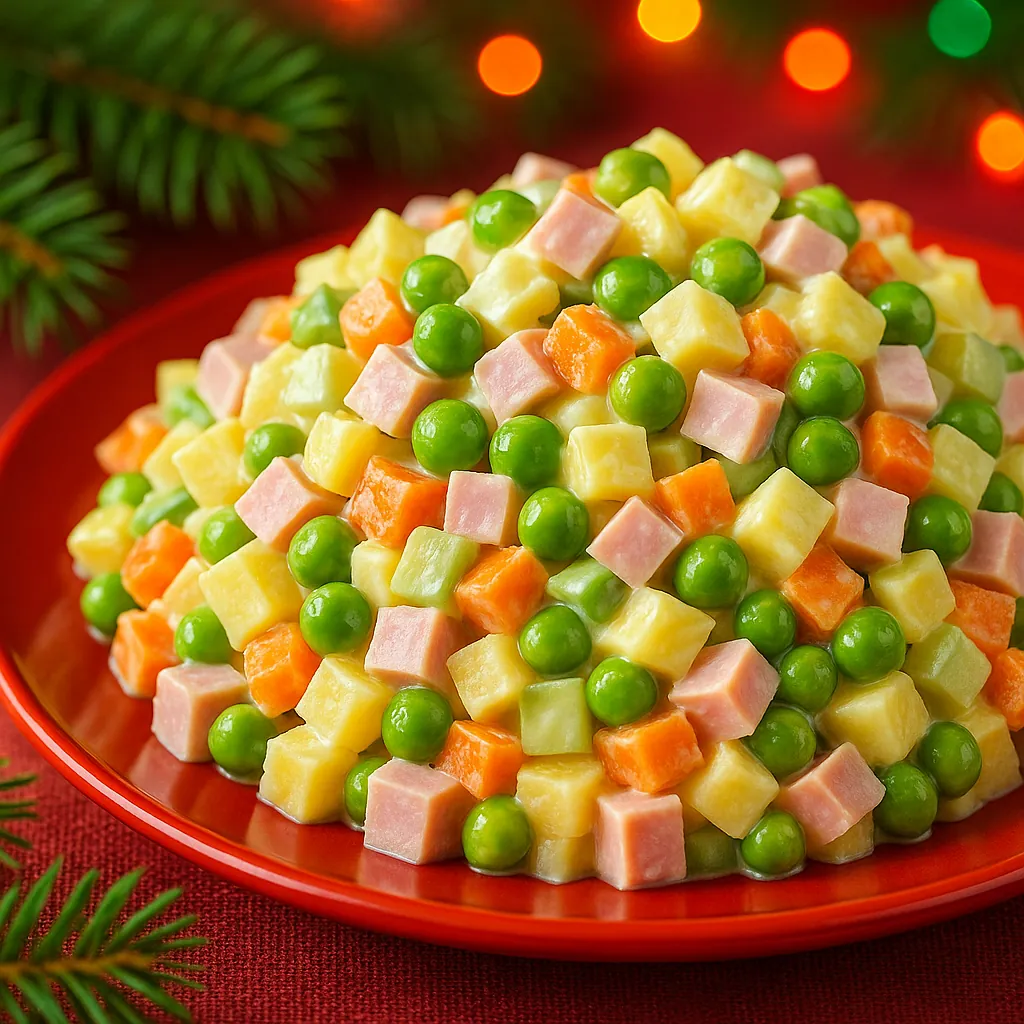 Enjoy assembling a puzzle depicting a bright, festive bowl of diced ham, potatoes, carrots and green peas artfully piled on a red plate with warm bokeh lights a