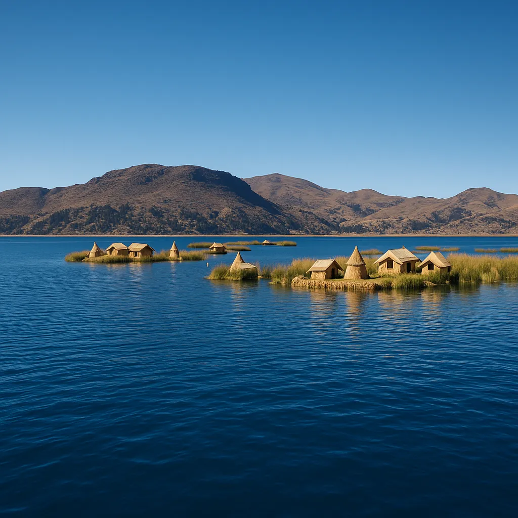 Discover a puzzle with tranquil reed islands and charming thatch huts floating on a deep blue lake beneath sunlit, brown mountain ridges — perfect for PuzzleFre