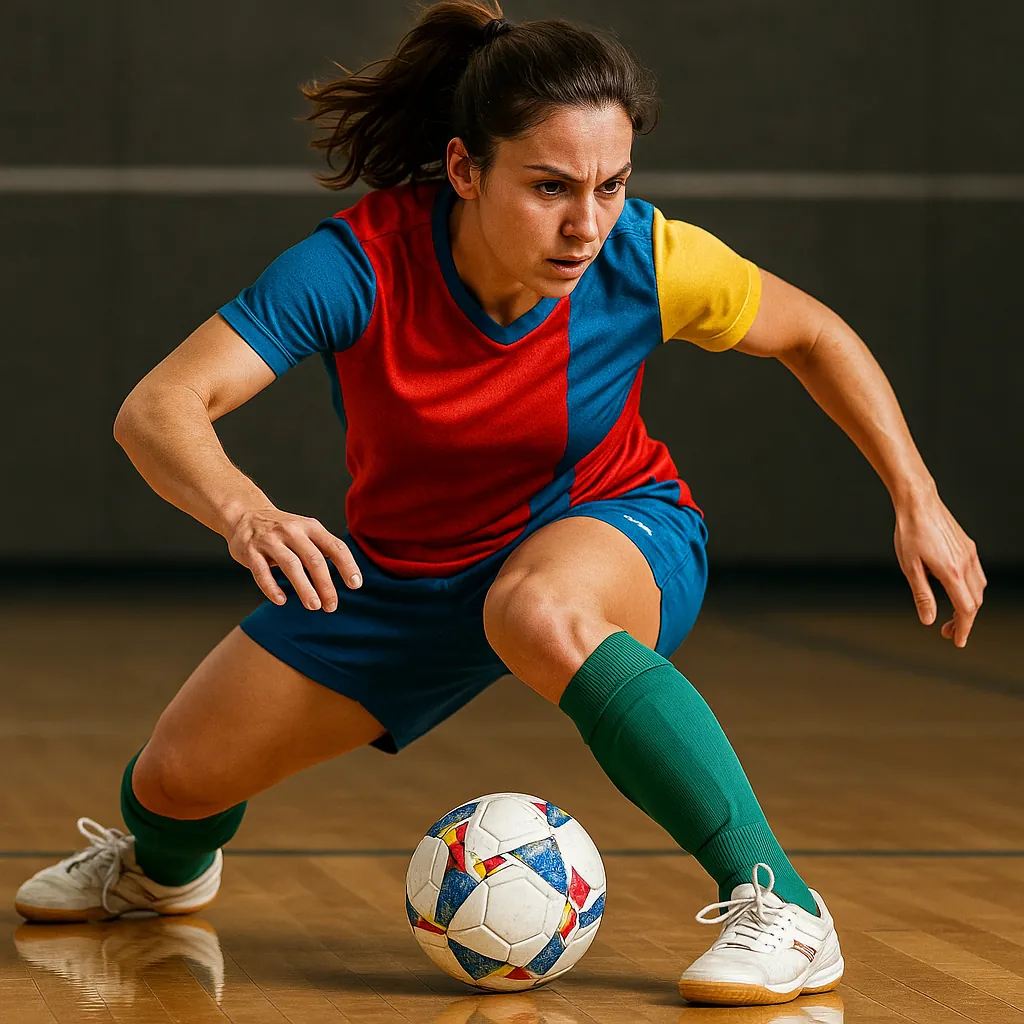 Discover a puzzle with a dynamic indoor soccer scene showing a focused player in mid-action as she shields a colorful ball on a polished gym floor.