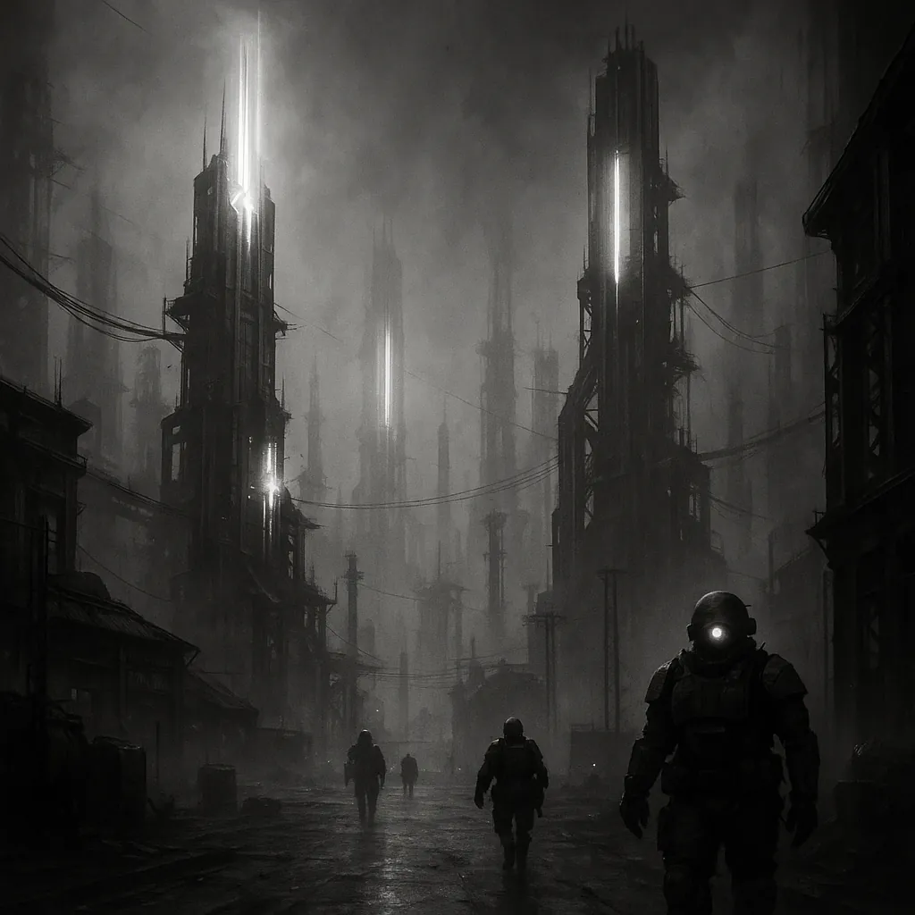 Try solving a puzzle that shows a foggy, monochrome dystopian cityscape with towering industrial spires pierced by vertical beams of light.