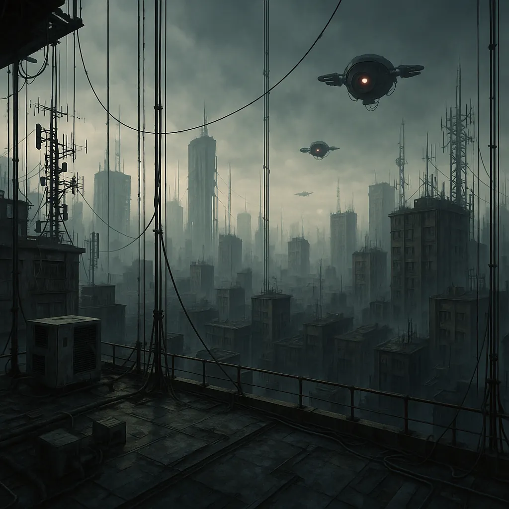 Discover a puzzle with a moody, dystopian cityscape rendered in muted blues and grays — towering, fog-shrouded skyscrapers, a tangle of rooftop antennas and cab
