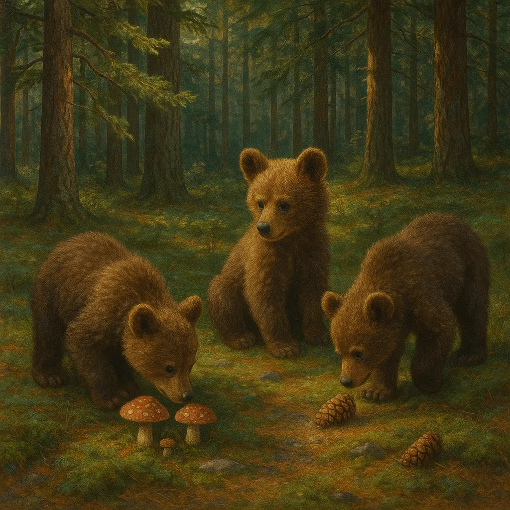 Discover a puzzle with three fluffy brown bear cubs exploring a sun-dappled forest floor — soft russet and mossy greens blend with warm golden light filtering t