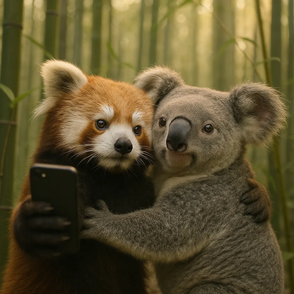 Discover a puzzle with a cuddly red panda and a friendly koala taking a selfie together in a sunlit bamboo grove.