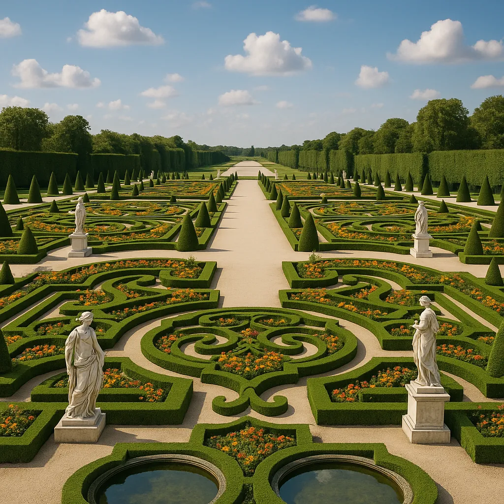 Discover a puzzle with a sweeping formal garden scene: symmetrical parterres of neatly clipped green hedges and cone topiaries, winding ornamental patterns fill