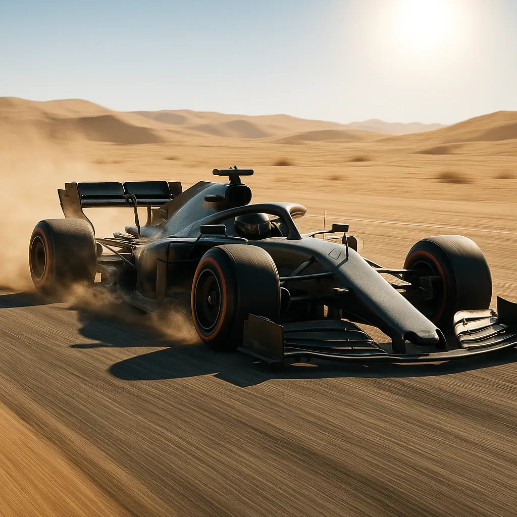 Discover a puzzle with a sleek black Formula-style race car tearing across sunlit desert dunes on PuzzleFree.Game.