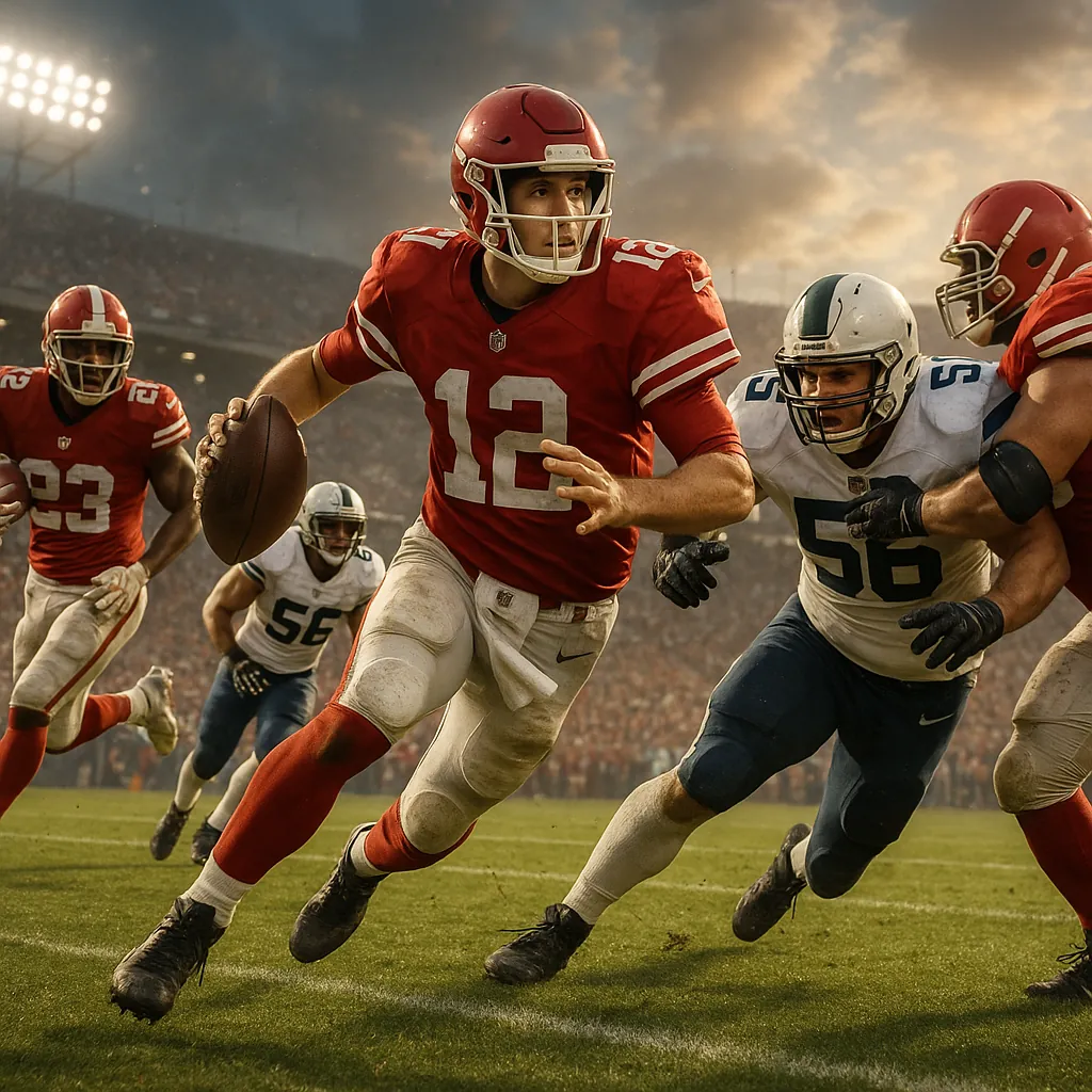 Enjoy assembling a puzzle depicting an intense football moment on a sunlit stadium field, with a red-uniformed quarterback dashing past defenders under a warm,