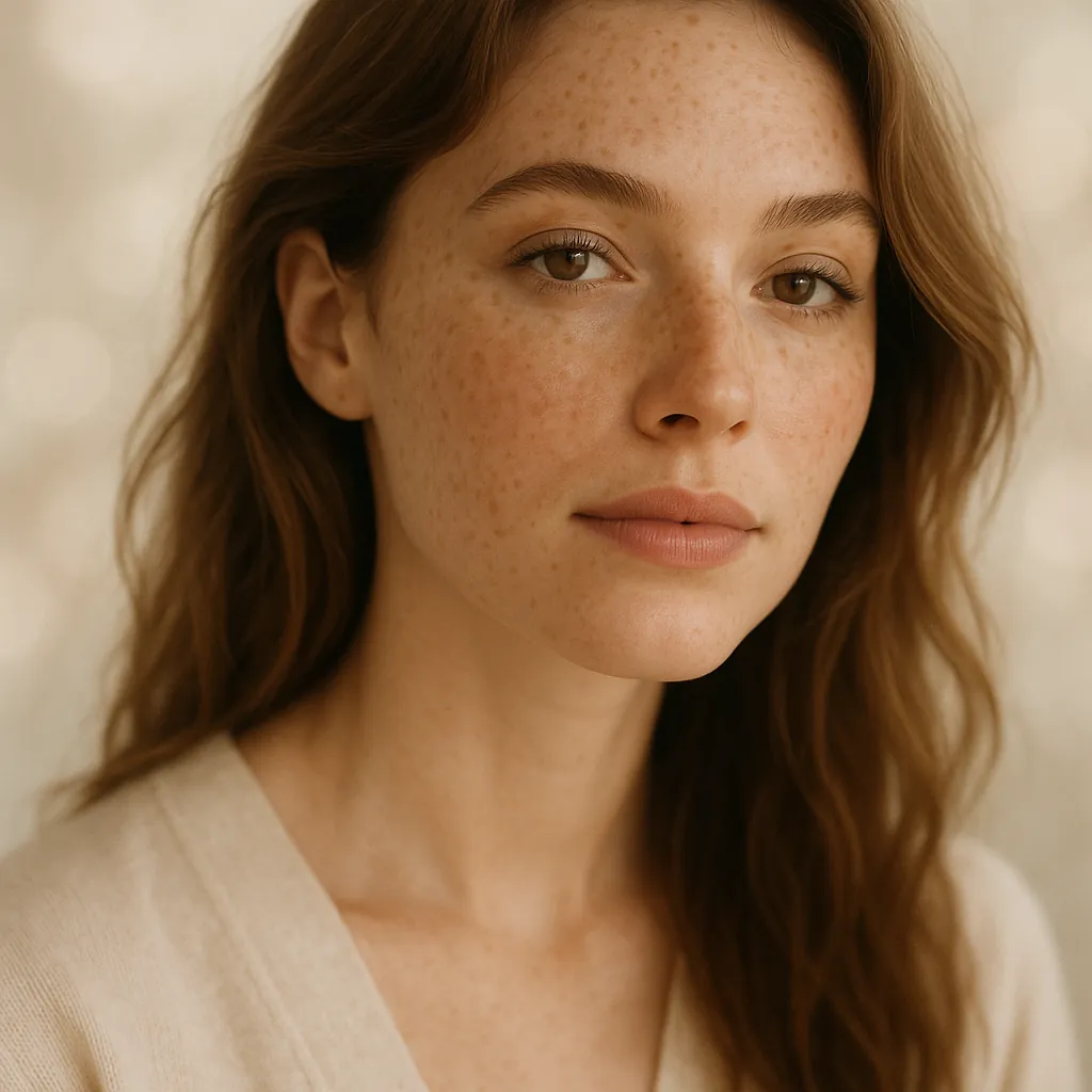Enjoy assembling a puzzle depicting a close-up portrait of a young woman with warm brown eyes, soft freckles, and flowing chestnut hair against a creamy, softly