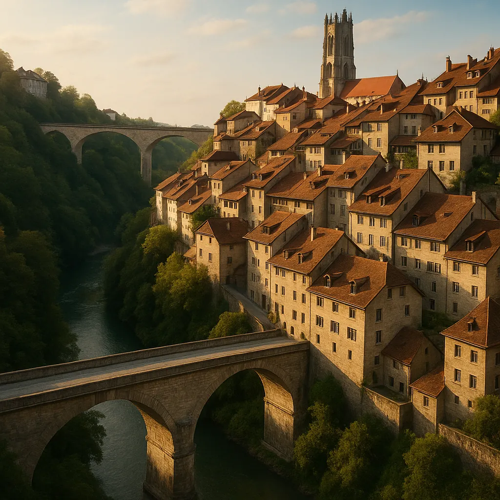 Discover a puzzle featuring a sunlit medieval town perched above a winding river, where warm terracotta roofs and honey-colored stone buildings cascade down a s