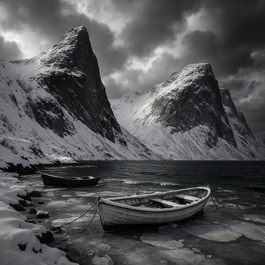 Discover a puzzle with a dramatic winter fjord scene: two wooden rowboats moored on a glassy, icy shore beneath towering, snow-dusted cliffs and brooding, cloud