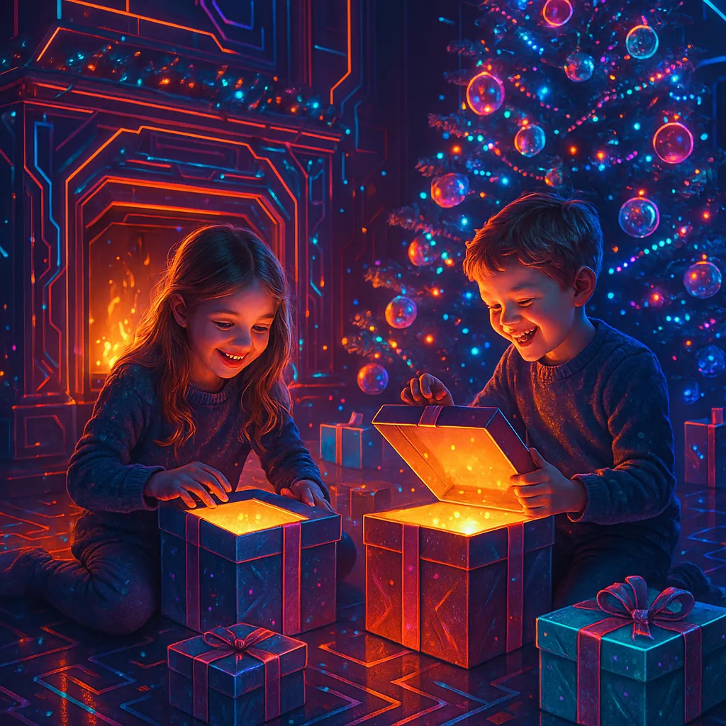 A heartwarming, photo-realistic image depicting children joyfully opening glowing gifts by a warmly lit fireplace.