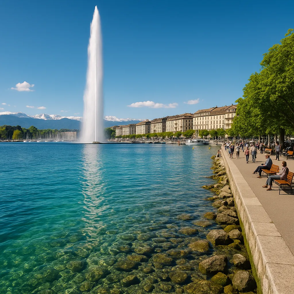 Discover a puzzle with a bright lakeside scene showing a towering fountain jet shooting skyward from crystal-clear turquoise water, a sunlit promenade lined wit
