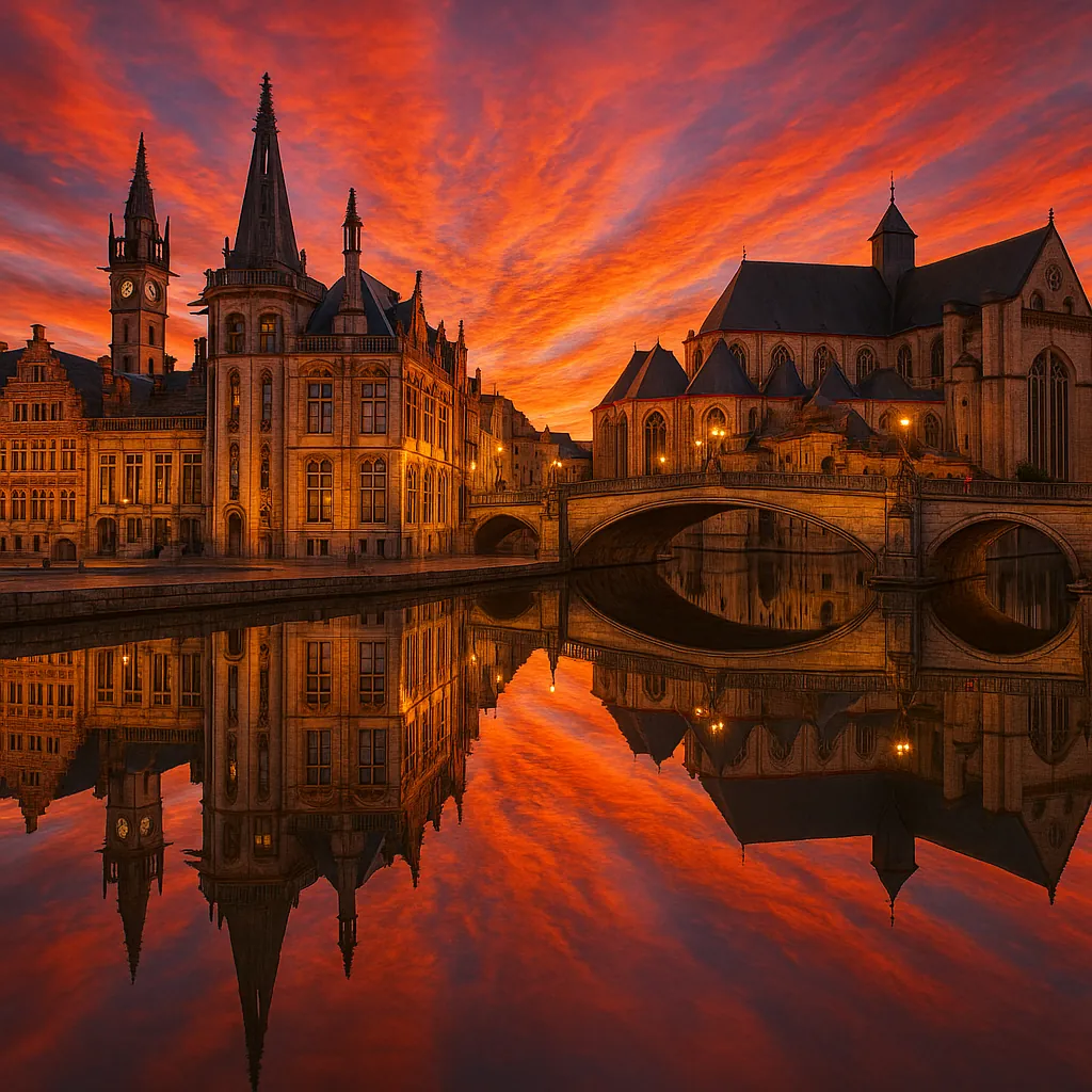 Discover a puzzle with a dramatic sunset scene of historic architecture and a graceful stone bridge reflected perfectly in a calm river.