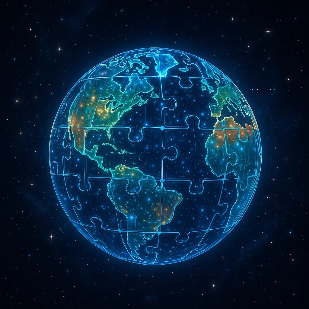 Discover a puzzle with a glowing jigsaw Earth set against a deep starry space background, perfect for PuzzleFree.Game.