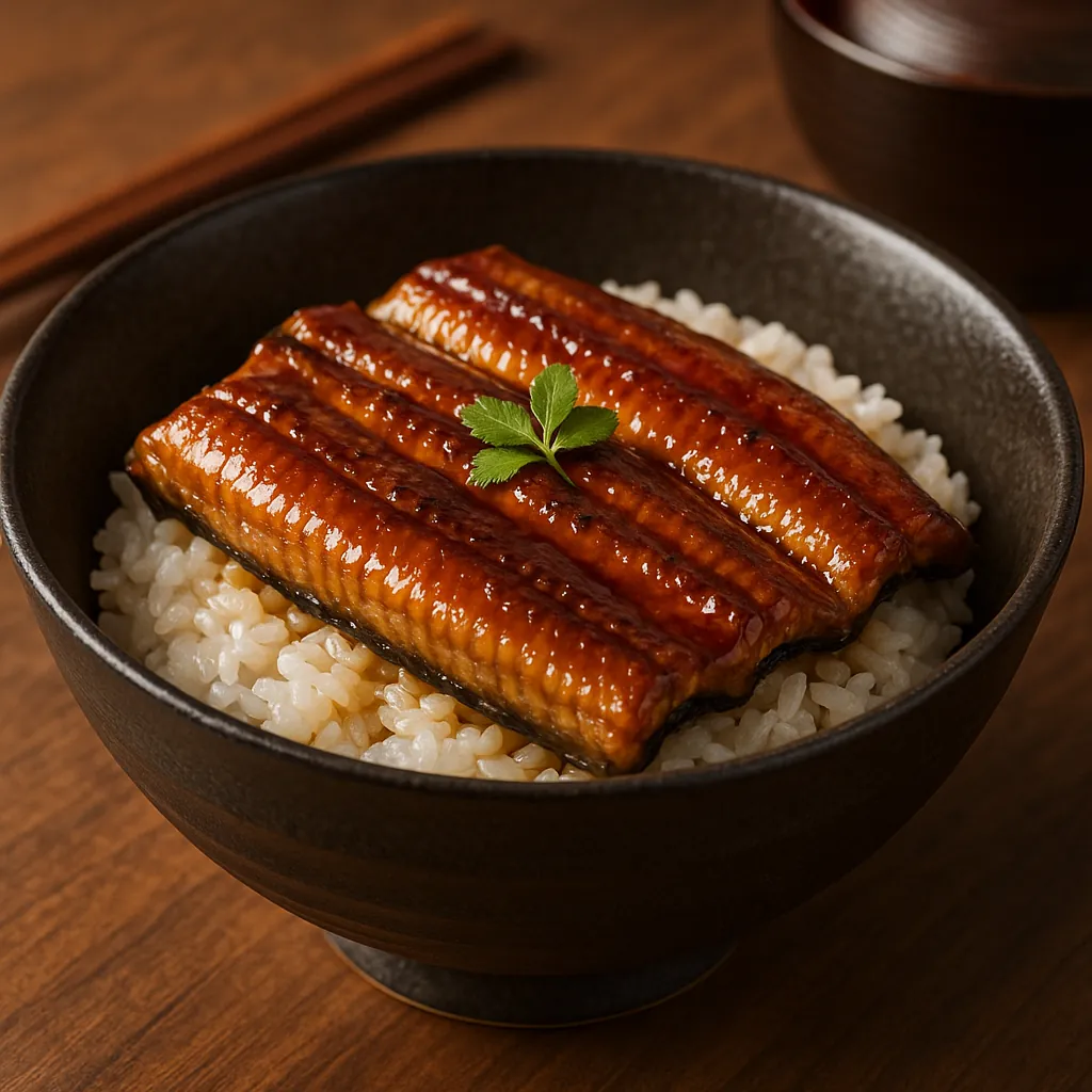 Enjoy assembling a puzzle depicting a close-up bowl of glazed unagi (grilled eel) laid over steaming white rice, garnished with a small green leaf.