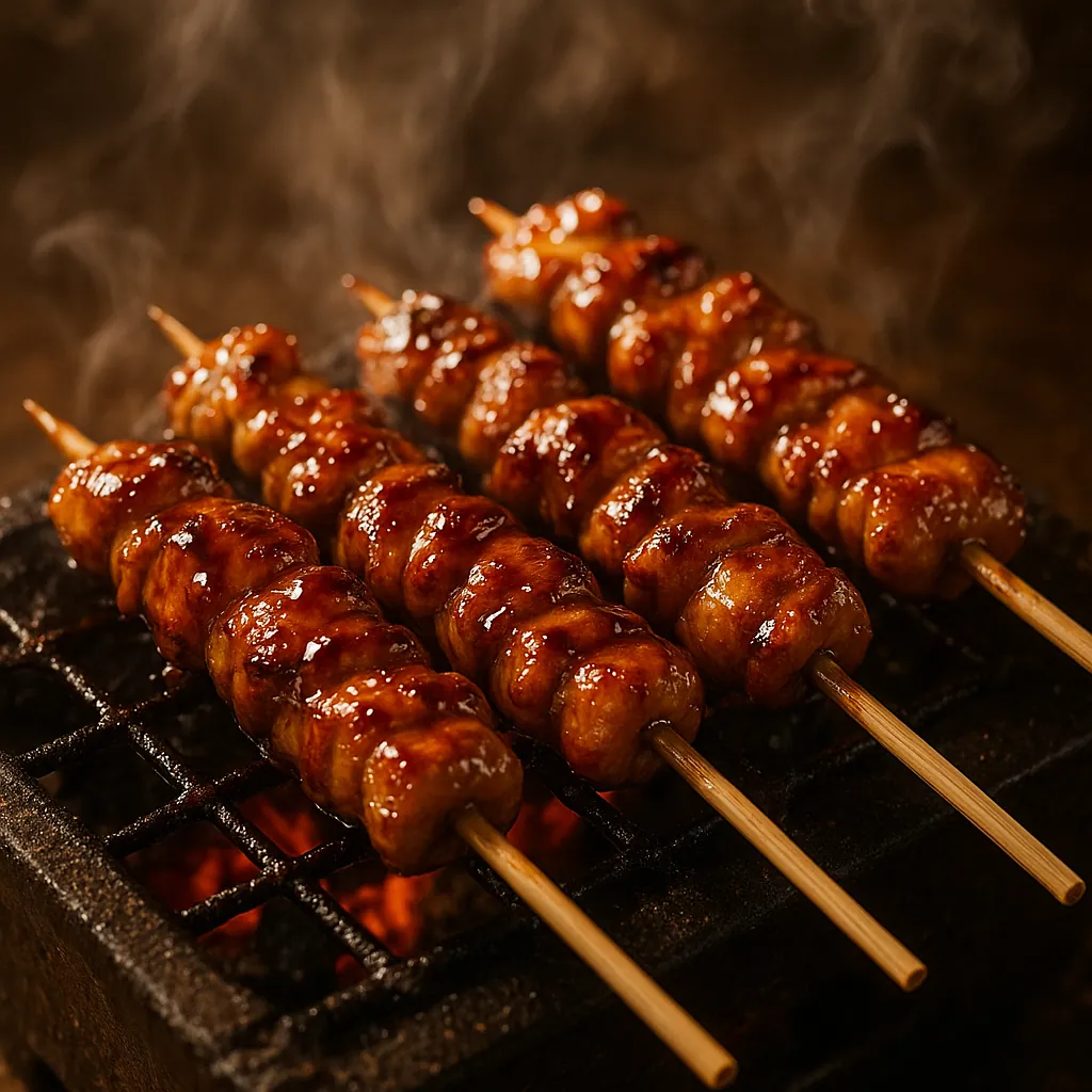 Enjoy assembling a puzzle depicting glossy, caramelized skewers of grilled meat on a hot charcoal grate, with warm browns, deep reds, and glowing embers casting