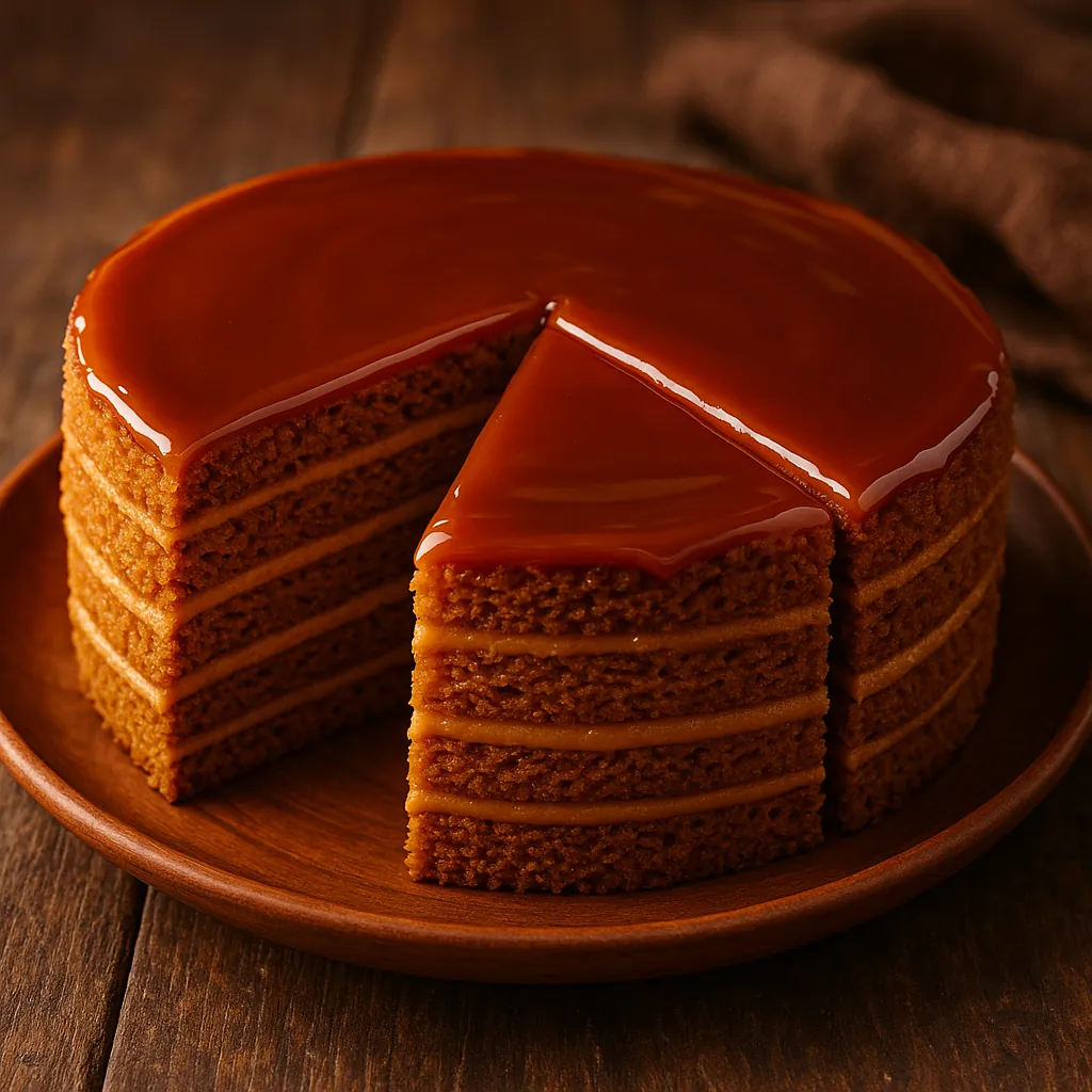 Discover a puzzle with a decadent caramel-layered cake close-up, showing even slices, glossy caramel glaze, and neat spongy layers on a warm wooden plate.