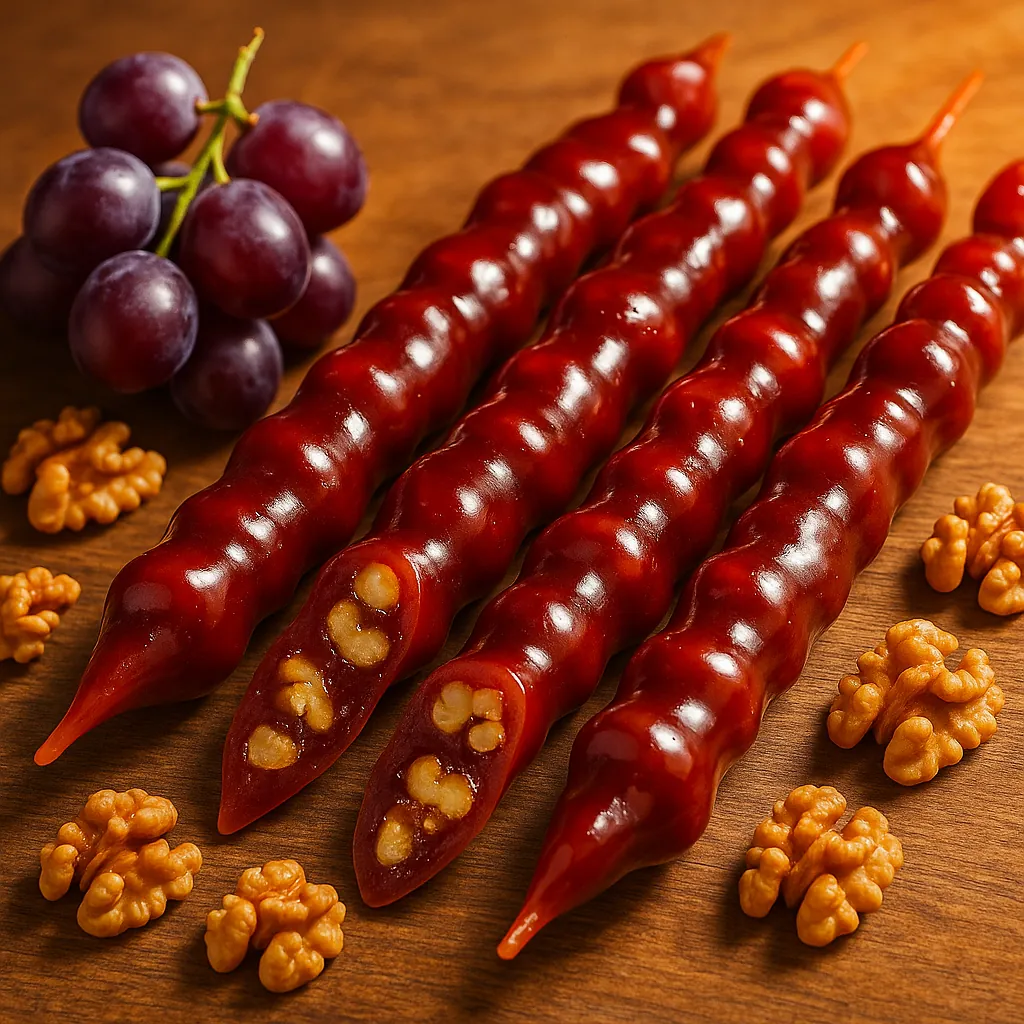 Discover a puzzle with glossy churchkhela candies lined up on a warm wooden board, their deep red, beaded casings revealing walnut pieces at the cut ends.