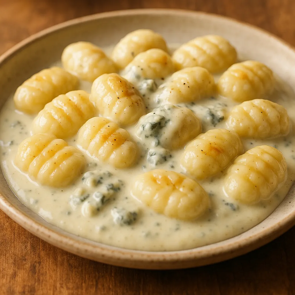 Enjoy assembling a puzzle depicting a close-up of golden gnocchi nestled in a silky creamy sauce flecked with herbs.