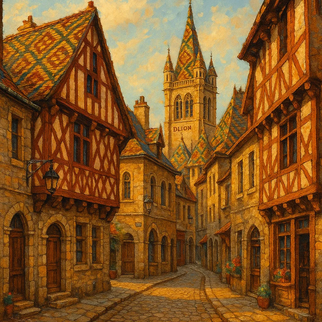 Enjoy assembling a puzzle depicting a sunlit, cobblestone street lined with warm, honey-colored stone and charming half-timbered houses, their patterned, multic