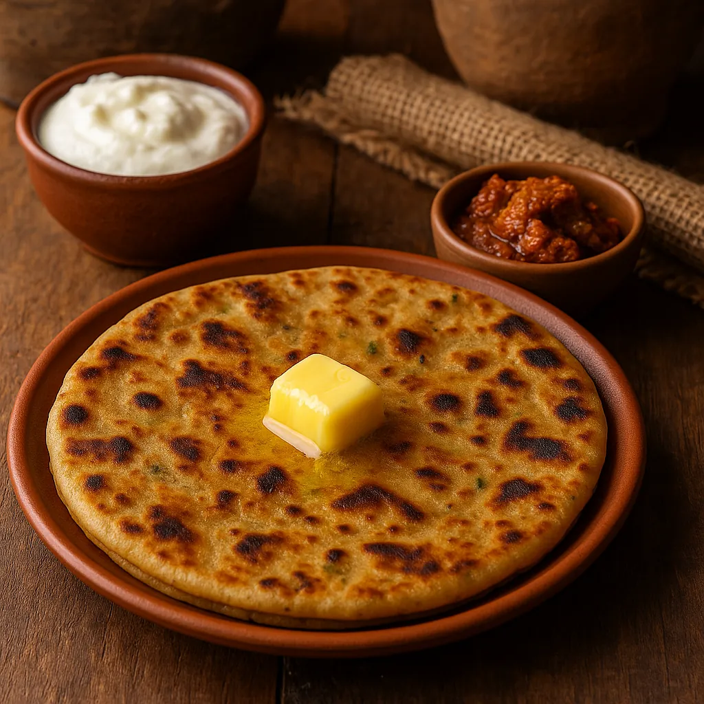 Enjoy assembling a puzzle depicting a golden, butter-topped paratha on a rustic clay plate, surrounded by small bowls of creamy white yogurt and deep-red chutne