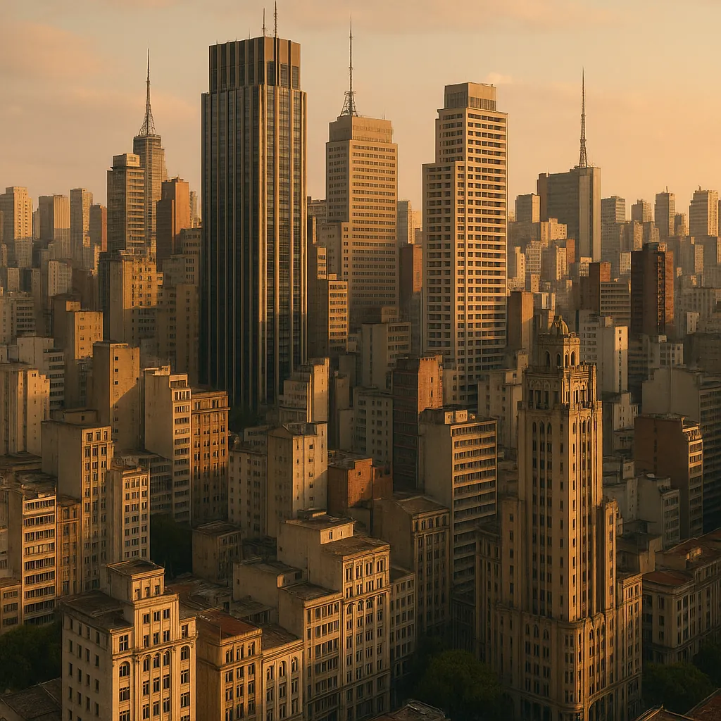 Discover a puzzle with a warm, golden-hued city skyline filled with towering skyscrapers and classic mid-century buildings bathed in soft sunset light.