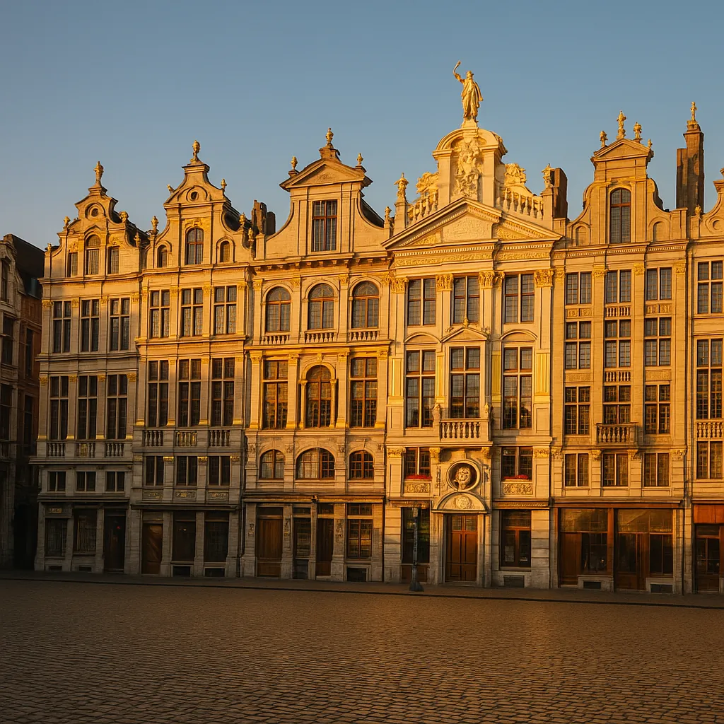Discover a puzzle with a row of ornate, historic city buildings bathed in warm golden light, their detailed facades, tall windows, and sculpted cornices glowing