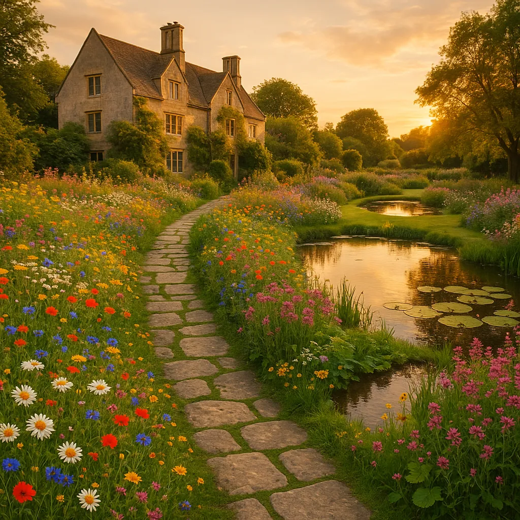 Discover a puzzle with a charming stone path leading to a sunlit country cottage, framed by a mirror-like pond and a riot of colorful wildflowers.