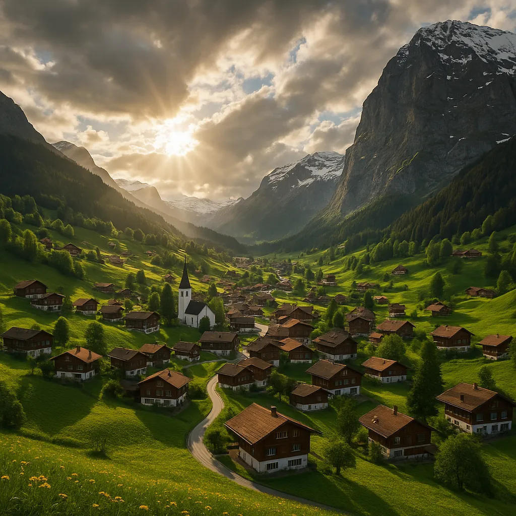 Discover a puzzle with a sunlit alpine village nestled in a lush green valley, where neat wooden chalets and a white church spire wind along a curling road bene